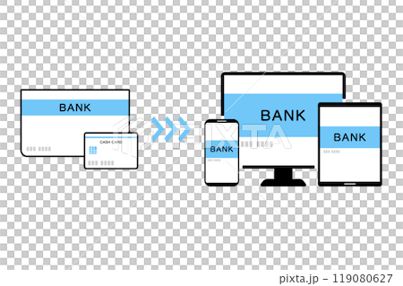 スマホやパソコンやタブレットで銀行アプリを利用するイメージイラスト 119080627