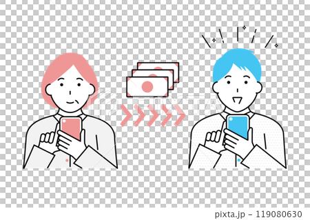 Illustration of a mother sending money using a bank app and her son receiving it 119080630