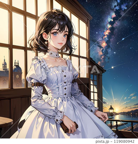 夜のカフェで窓際に立つ女性 夜のカフェで窓際に立つ女性 119080942