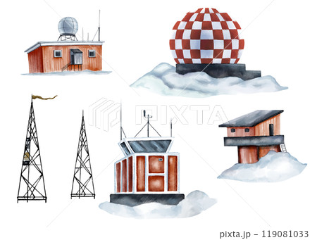 Meteorological stations and equipment for studying weather conditions and the environment. Clipart collection of buildings for studying ecology. For educational literature, textbooks and encyclopedias 119081033