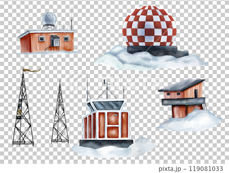 Meteorological stations and equipment for studying weather conditions and the environment. Clipart collection of buildings for studying ecology. For educational literature, textbooks and encyclopedias 119081033