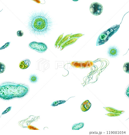 Color illustration of microbes and bacteria. Seamless pattern for printing fabric, bed linen, wallpaper, wrapping paper on a medical theme. For packaging design of antiseptics and hygiene products. 119081034