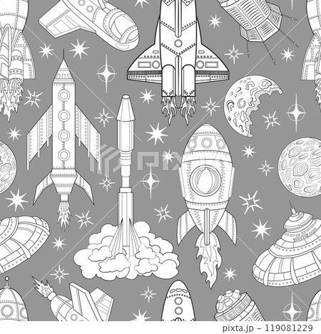 Seamless pattern illustration with retro future space objects, planets and rockets, line art science fiction concept Seamless pattern illustration with retro future space objects, planets and rockets, line art science fiction concept 119081229
