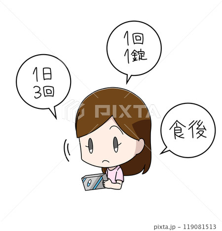 市販の薬の説明を読む女性のイラスト 市販の薬の説明を読む女性のイラスト 119081513