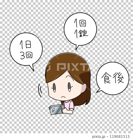 市販の薬の説明を読む女性のイラスト 市販の薬の説明を読む女性のイラスト 119081513