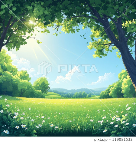 木々と青空の美しい漫画の草原 119081532