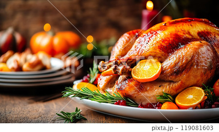 Beautifully roasted turkey garnished with fresh oranges and rosemary sits on festive table 119081603