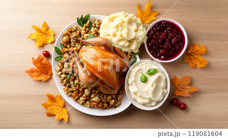 Delicious roasted turkey is surrounded by stuffing, mashed potatoes, and cranberry sauce 119081604