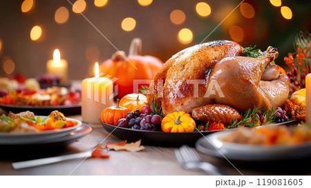 Beautifully roasted turkey sits as centerpiece of festive Thanksgiving table 119081605