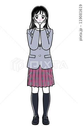 両手を頬に当てて顔を赤らめるブレザーの女子高生(シンプル) 両手を頬に当てて顔を赤らめるブレザーの女子高生(シンプル) 119081619