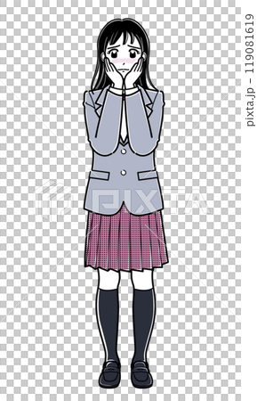 A high school girl in a blazer blushing with both hands on her cheeks (simple) 119081619