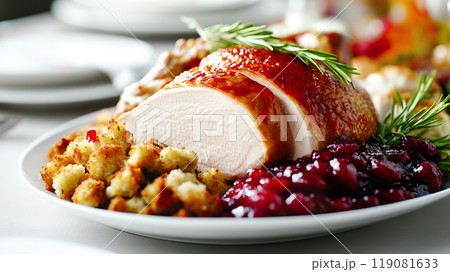 Delicious roasted turkey breast is served with savory stuffing and tangy cranberry sauce 119081633