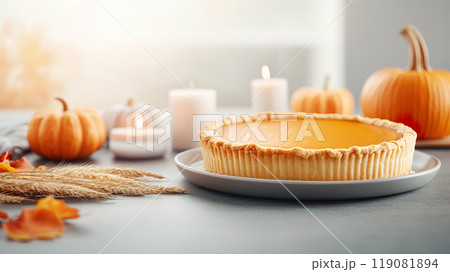 Delicious pumpkin pie sits on table surrounded by autumn decorations, including small pumpkins, candles, and wheat stalks 119081894