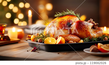Beautifully roasted turkey garnished with fresh rosemary and citrus slices sits on festive table 119082026
