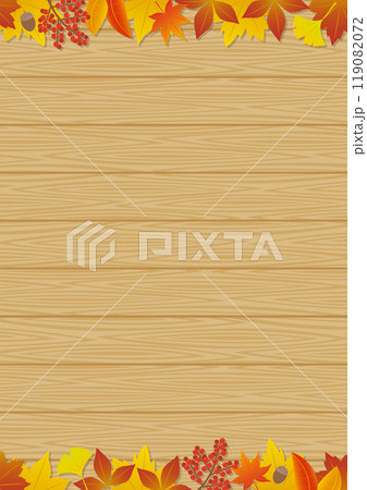 秋の紅葉をイメージした上下のフレームのイラスト_木目_縦向き 秋の紅葉をイメージした上下のフレームのイラスト_木目_縦向き 119082072