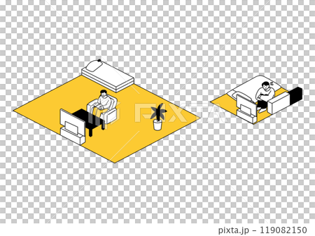 一個住在大房子裡的男人和一個住在狹窄房子裡的男人的插圖集 119082150