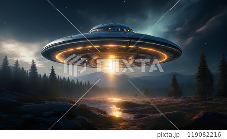 森に浮かぶUFOのイメージ 森に浮かぶUFOのイメージ 119082216