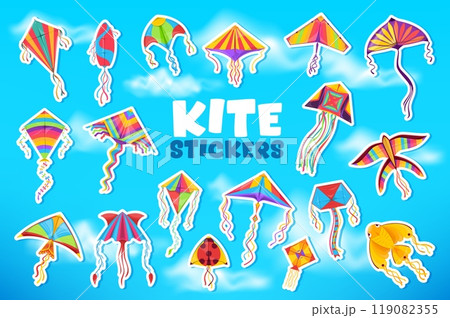 Kite stickers and cartoon flying toys for kids summer game play, vector icons. Cartoon colorful kites stickers in shape of rocket, ladybug and bird with goldfish and jellyfish with rainbow tails 119082355