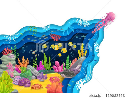Paper cut underwater landscape with jellyfish, seaweeds, corals and fish shoal, vector background. Cartoon undersea landscape in paper cut with tropical fishes, coral reef animals, crab and stingray 119082368