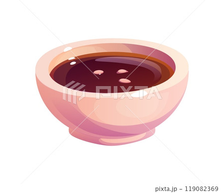 Cartoon soy sauce in ceramic bowl. Isolated vector essential condiment for sushi and roll. Dark, glossy fermented soya sauce in kitchen utensil plate, traditional Japan food restaurant spice dressing 119082369