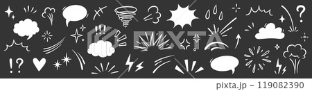 Comic cartoon effect smoke, boom element set. Comic speech bubble, boom burst, explosive smoke, line speed cartoon vector icon. Hand drawn sketch doodle speed element, splash. Vector 119082390