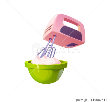 Electric mixer with cream in bowl for food cooking process, cartoon vector icon. Mixer baking kitchenware or bakery household appliance for cooking process of dough preparation or pastry cream mixing Electric mixer with cream in bowl for food cooking process, cartoon vector icon. Mixer baking kitchenware or bakery household appliance for cooking process of dough preparation or pastry cream mixing 119082412