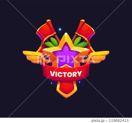 Game victory icon, award badge, cartoon vector trophy with a star with purple center, surrounded by golden wings and red ribbon, laurel leaves and flags, symbolizing achievement and success in gaming 119082413
