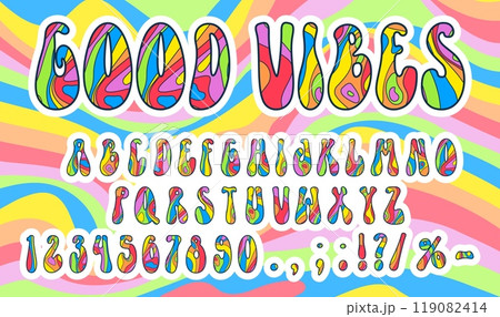 70s psychedelic rainbow font or groovy type with retro 60s hippie typeface, vector bold wavy alphabet. Psychedelic hippie groovy font with rainbow letters in cartoon retro art for funky trippy type 119082414