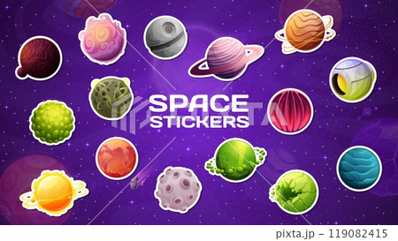 Galaxy space planets stickers, cartoon alien earth in starry sky, vector icons. Space planets stickers with galactic landscape surface of lava or craters and nebula of extraterrestrial cosmic sun Galaxy space planets stickers, cartoon alien earth in starry sky, vector icons. Space planets stickers with galactic landscape surface of lava or craters and nebula of extraterrestrial cosmic sun 119082415