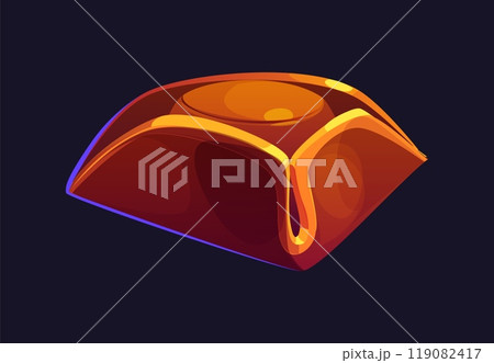 Cartoon pirate tricorn hat features a rich brown color with golden highlights. Vector brimmed captain or marine rover cap, accessory with turned up corners, reflecting adventurous spirit of corsairs 119082417