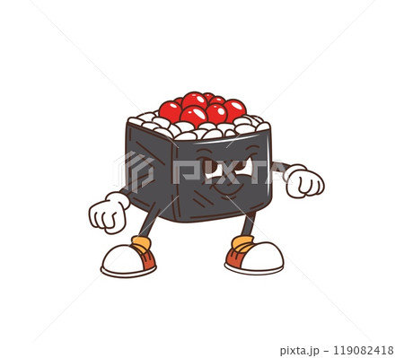 Cartoon retro groovy sushi roll character of Japanese food with freaky face, vector comic personage. Funny groovy sushi roll with rice and caviar in nori seaweed as retro cartoon samurai character 119082418