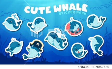 Cartoon cute kawaii whale characters stickers for underwater fish or animal emoji, vector icons. Funny baby whale swimming in sea or ocean water in pirate hat or sleeping and squirting splash Cartoon cute kawaii whale characters stickers for underwater fish or animal emoji, vector icons. Funny baby whale swimming in sea or ocean water in pirate hat or sleeping and squirting splash 119082420