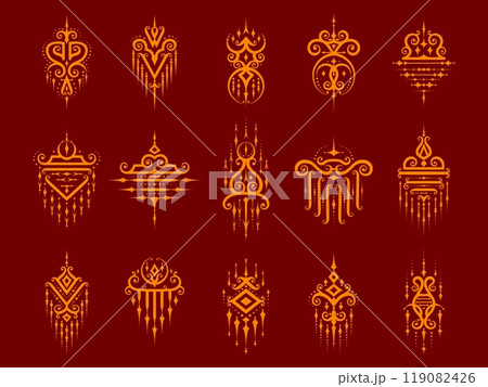 Sacred thai symbols of oriental gold pattern, vector line art elements. Thailand ornaments set for tattoo, mystic talisman and amulet. Sacred thai symbols with traditional oriental swirls pattern Sacred thai symbols of oriental gold pattern, vector line art elements. Thailand ornaments set for tattoo, mystic talisman and amulet. Sacred thai symbols with traditional oriental swirls pattern 119082426