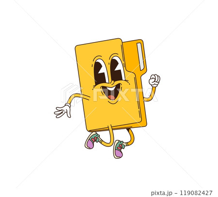 Cartoon groovy computer folder retro character with yellow body, joyful face with big, expressive eyes, and playful, dynamic jumping pose. Isolated vector whimsical personage exudes nostalgia and fun Cartoon groovy computer folder retro character with yellow body, joyful face with big, expressive eyes, and playful, dynamic jumping pose. Isolated vector whimsical personage exudes nostalgia and fun 119082427