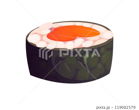 Cartoon futomaki japanese sushi, roll, neatly wrapped in seaweed with rice and bright orange slice of salmon topping. Isolated vector single sushi showcases traditional japan food, asian culinary meal Cartoon futomaki japanese sushi, roll, neatly wrapped in seaweed with rice and bright orange slice of salmon topping. Isolated vector single sushi showcases traditional japan food, asian culinary meal 119082579