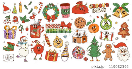Retro cartoon groovy Christmas characters and winter holiday funky emoji, vector 70s art icons. Retro cartoon groovy Santa and gifts, quirky snowman or psychedelic Christmas tree decoration characters 119082593