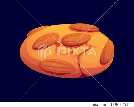 Cartoon almond cookie confectionery and sweet pastry. Vector delicious baked crispy treat made with almond flour, giving it a rich, nutty flavor. Delicious dessert decorated with a whole almond nuts Cartoon almond cookie confectionery and sweet pastry. Vector delicious baked crispy treat made with almond flour, giving it a rich, nutty flavor. Delicious dessert decorated with a whole almond nuts 119082594