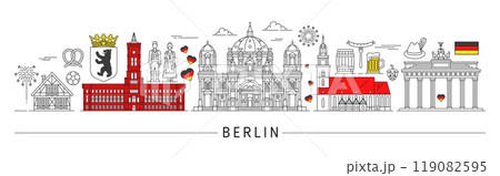 Berlin silhouette, Germany travel landmarks and city skyline featuring iconic cultural symbols like Brandenburg Gate, Berlin Cathedral, Rotes Rathaus and traditional German history or culture elements 119082595