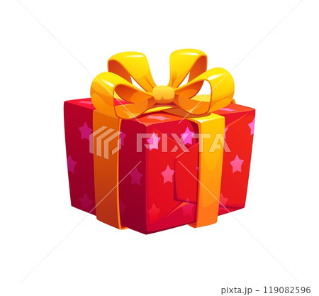 Cartoon festive red gift box decorated with pink stars and wrapped in a bright yellow ribbon bow. Isolated vector festive present for celebration birthday, Christmas or special occasions and events 119082596