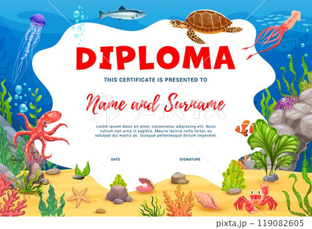 Kids diploma of explorer or diver with underwater sea animals like turtle, fish and octopus. Cartoon vector educational certificate template for children achievements, activities or school programs Kids diploma of explorer or diver with underwater sea animals like turtle, fish and octopus. Cartoon vector educational certificate template for children achievements, activities or school programs 119082605