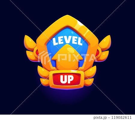Level up game reward, rate icon with upward arrow, shield and golden wings represents success and advancement. Cartoon vector pop up emblem, achievement and progress sign for gui interfaces and apps 119082611