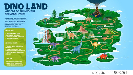 Dino park map with prehistoric dinosaur animals of Jurassic era, vector template. Dino land amusement park and prehistoric dinosaurs exhibition island map with direction to extinct animals and lizards Dino park map with prehistoric dinosaur animals of Jurassic era, vector template. Dino land amusement park and prehistoric dinosaurs exhibition island map with direction to extinct animals and lizards 119082613