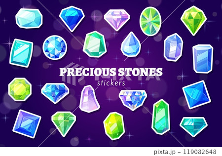 Cartoon jewelry and crystal gems stickers pack. Vector set of patches with colorful gemstones and shiny precious stones like diamonds and emeralds for diy, decoration and kids creative hobbies 119082648