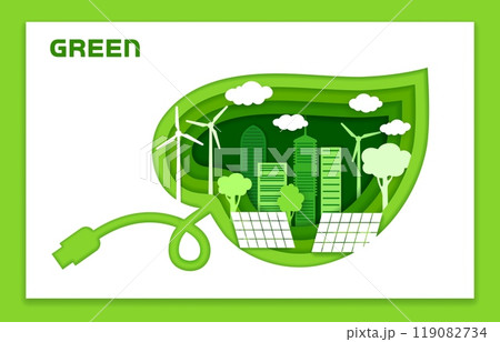 Paper cut eco city on green leaf silhouette, symbolizing eco-friendly living. Vector wind turbines, high-rise buildings, trees, and solar panels, representing renewable energy and urban sustainability Paper cut eco city on green leaf silhouette, symbolizing eco-friendly living. Vector wind turbines, high-rise buildings, trees, and solar panels, representing renewable energy and urban sustainability 119082734