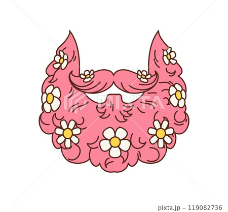 Groovy retro hippie beard with daisy flowers, vector cartoon or 70s funky art. Groovy pink beard with mustaches and daisy flowers for mask or avatar effect for glamor disco pop or hippie style sticker 119082736