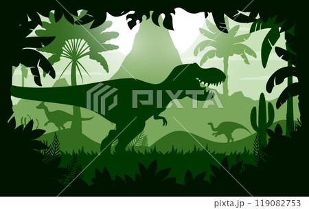Prehistoric T Rex tyrannosaurus dinosaur silhouette in forest jungle, vector cartoon background. Prehistoric Jurassic giant T-rex lizard dinosaur in forest with volcano mountain and palms silhouette 119082753