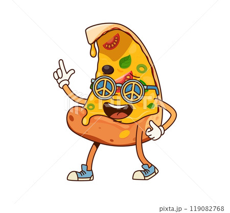 Groovy fast food pizza slice character wearing hippie sunglasses with peace symbols, exudes fun and excitement in sneakers and gloves, showing a lively and cheerful expression, spread positive vibes 119082768