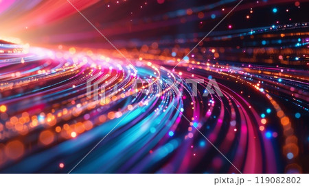 Dynamic data streams illuminate vibrant digital landscape highlighting tech 119082802