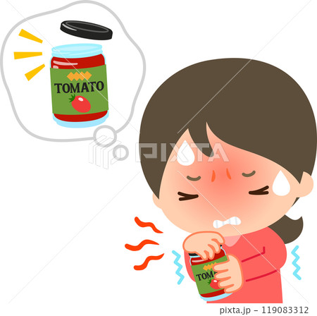 トマトピューレのビンが開かなくて苦労している女性 119083312