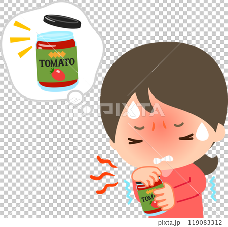 トマトピューレのビンが開かなくて苦労している女性 119083312